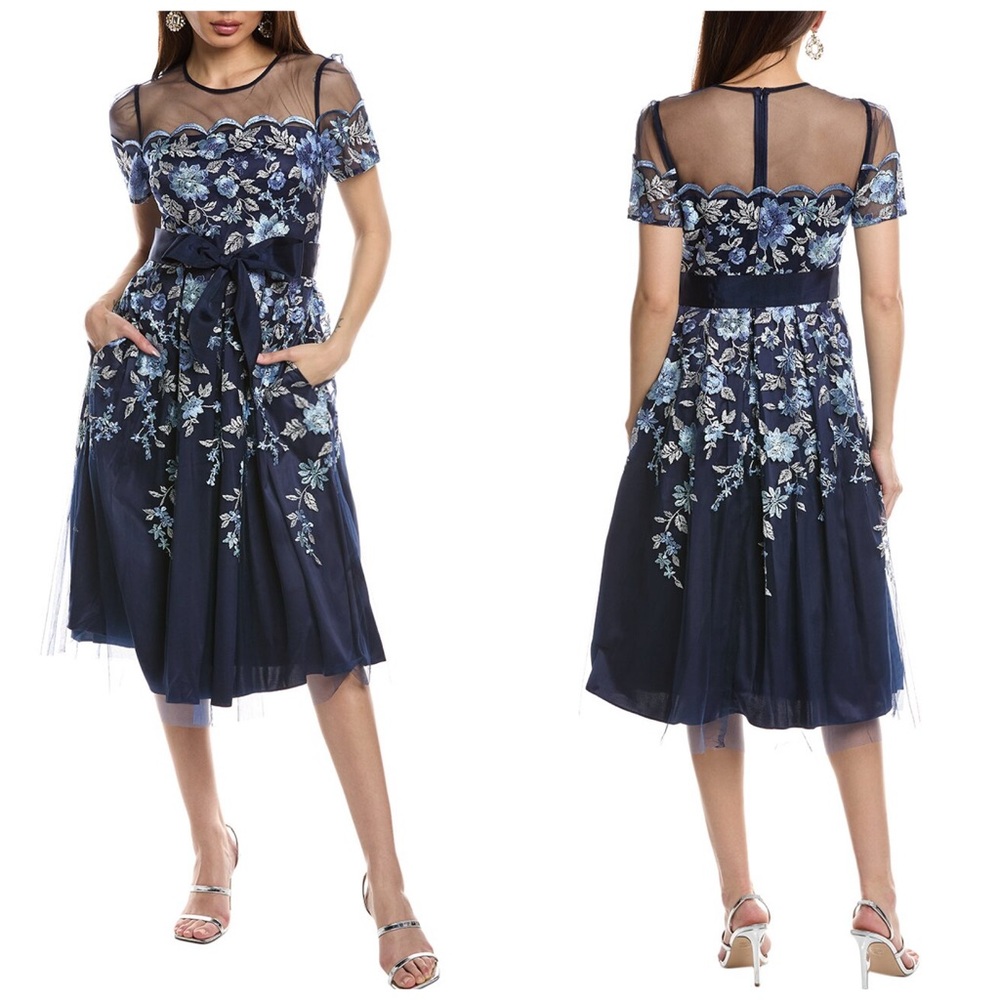 NWT Eliza J floral Embroidered Tulle Cocktail Dress Navy Plus Size 16W